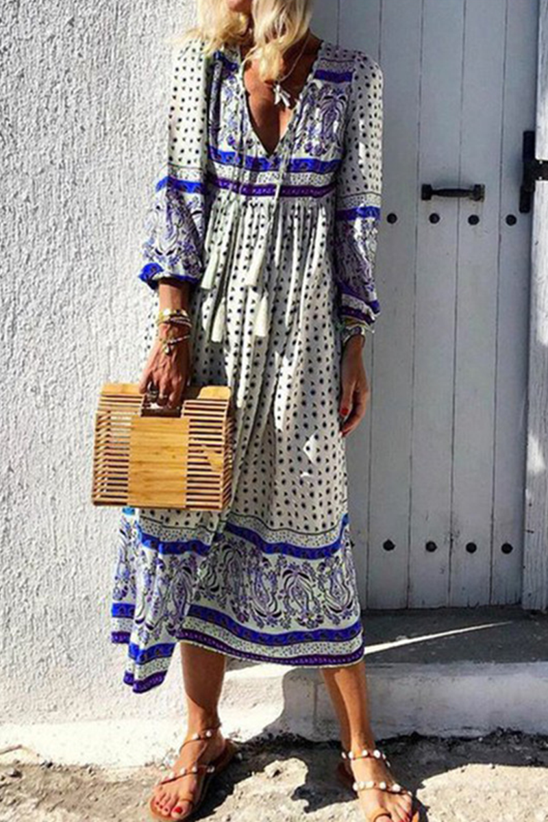 Print V Neck Cake Skirt Dresses(4 Colors)