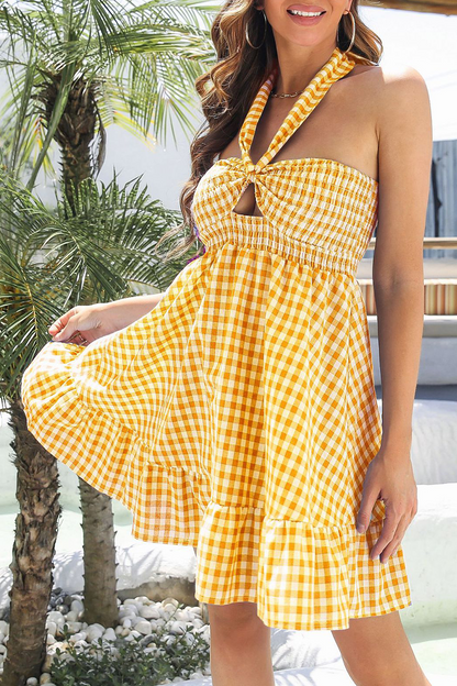 Plaid Bandage Crystal Halter Cake Skirt Dresses(3 Colors)