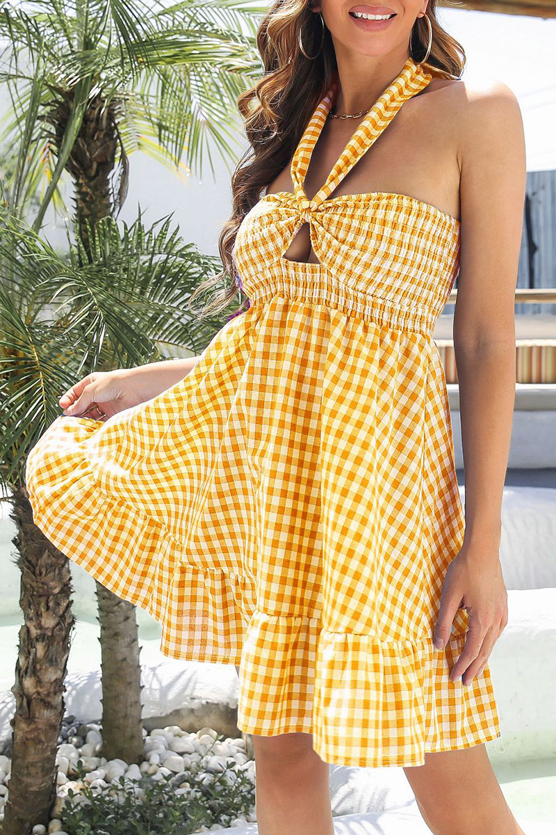 Plaid Bandage Crystal Halter Cake Skirt Dresses(3 Colors)