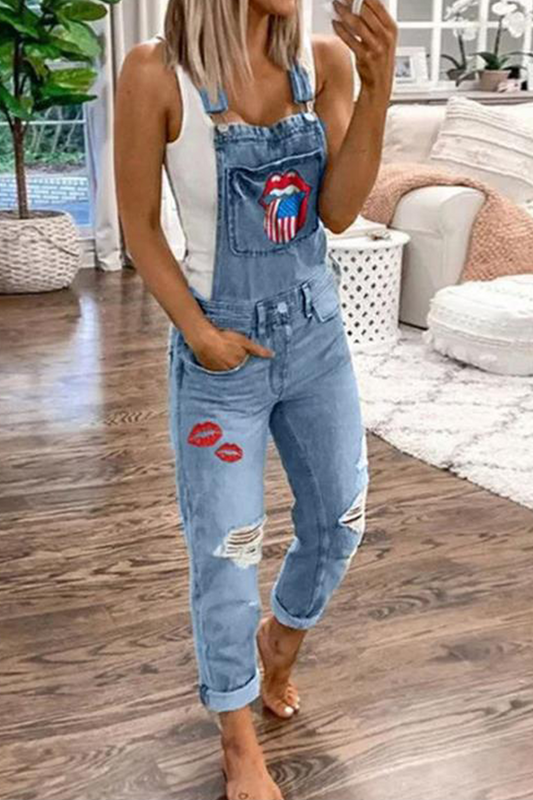 Lips Printed Square Collar Harlan Jumpsuits