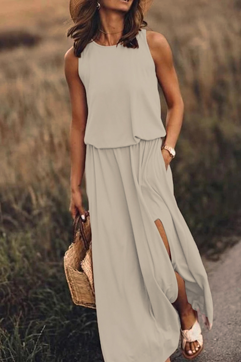 Slit O Neck Waist Skirt Dresses(8 Colors)