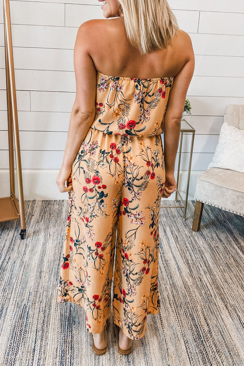 Print Patchwork Strapless Straight Jumpsuits