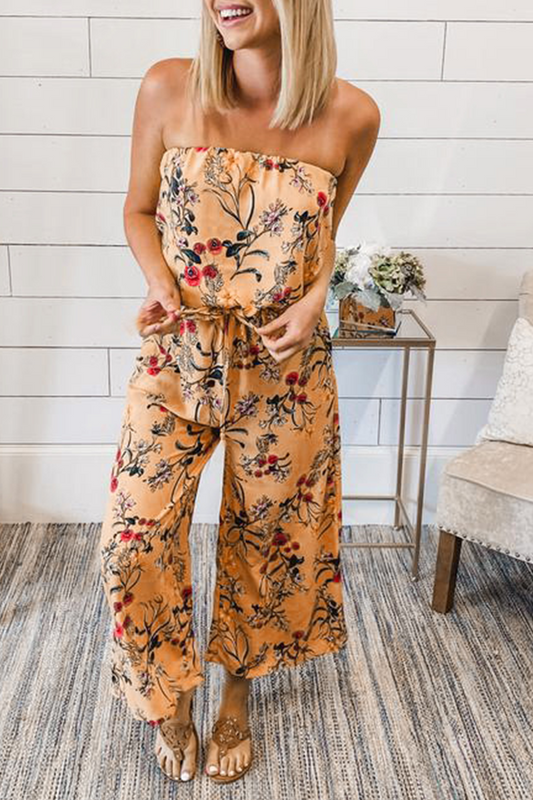 Print Patchwork Strapless Straight Jumpsuits