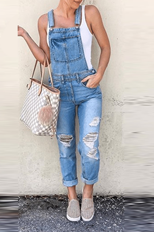 Patchwork Square Collar Sleeveless Harlan Denim Jumpsuits