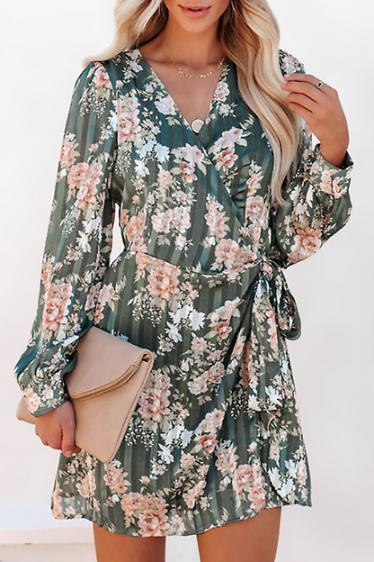 Print Split Joint V Neck Waist Skirt Dresses