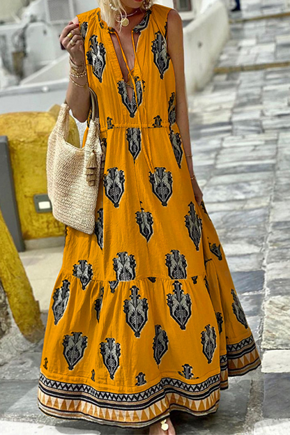 Print V Neck Cake Skirt Dresses(3 Colors)