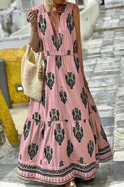 Print V Neck Cake Skirt Dresses(3 Colors)