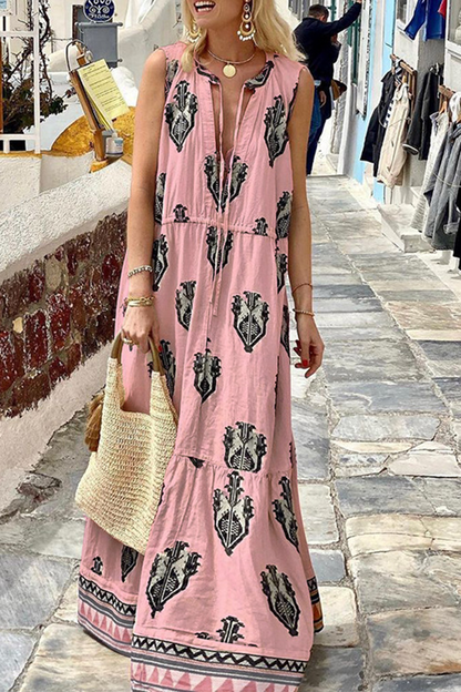 Print V Neck Cake Skirt Dresses(3 Colors)