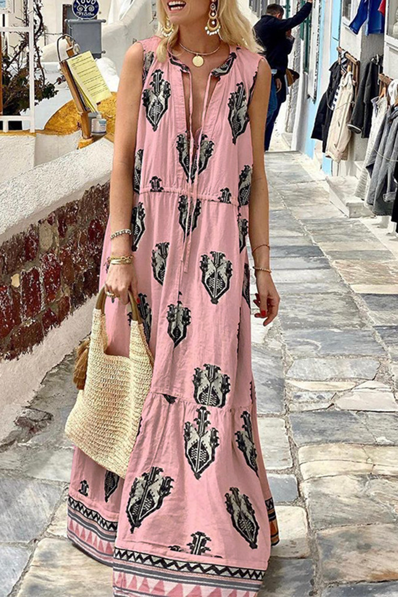 Print V Neck Cake Skirt Dresses(3 Colors)