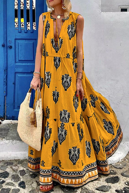 Print V Neck Cake Skirt Dresses(3 Colors)