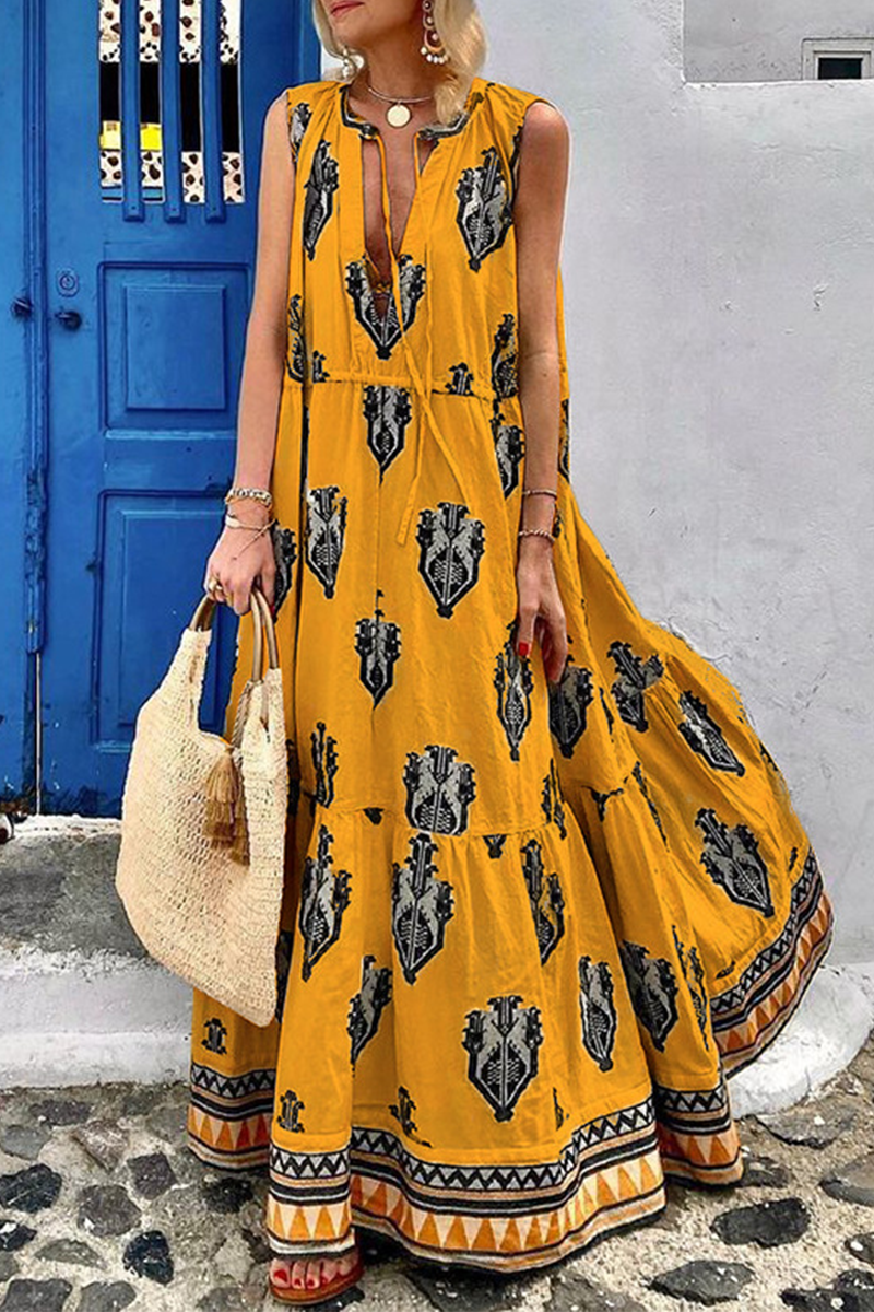 Print V Neck Cake Skirt Dresses(3 Colors)