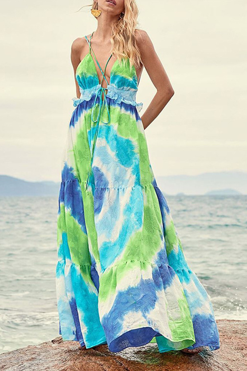 Print Split Joint Spaghetti Strap Cake Skirt Dresses(3 Colors)