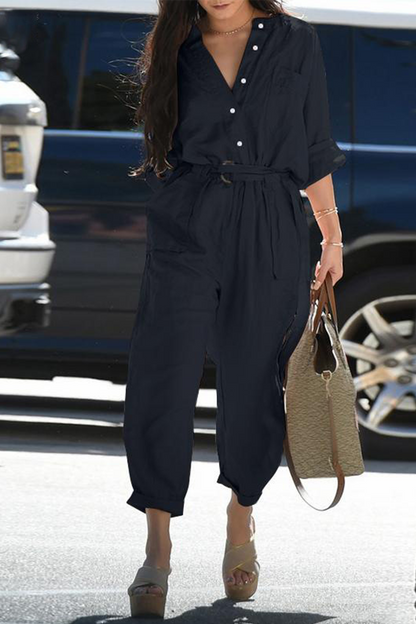 Split Joint Turndown Collar Harlan Jumpsuits(3 Colors)