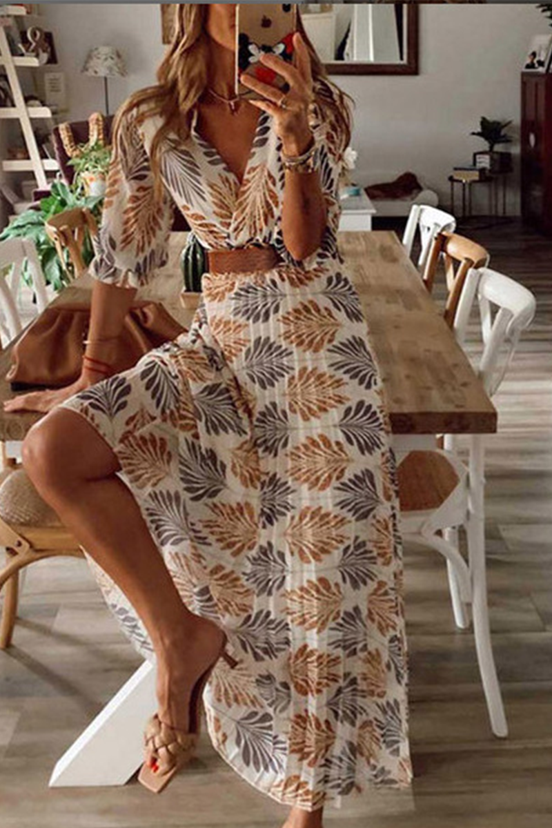 Print V Neck Cake Skirt Dresses