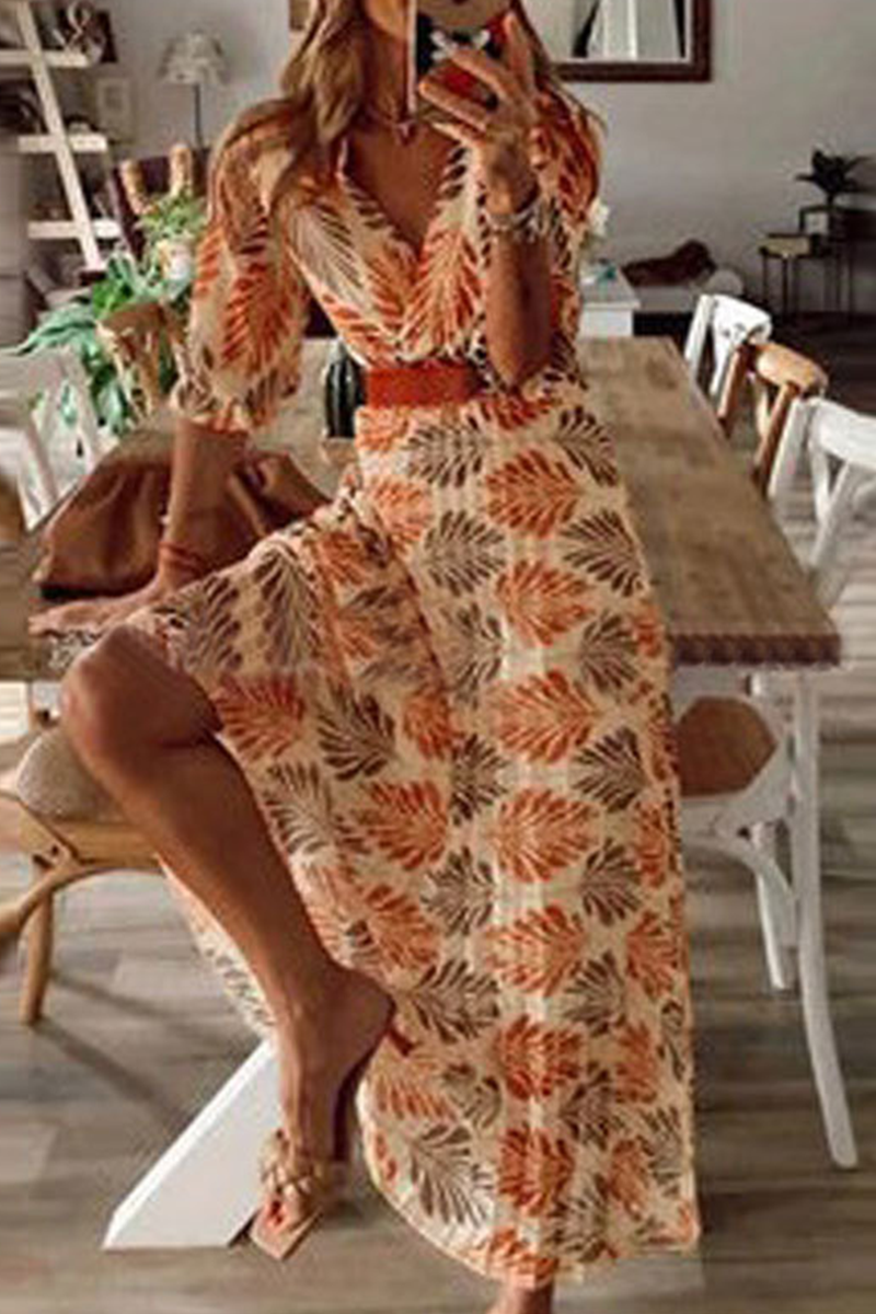 Print V Neck Cake Skirt Dresses