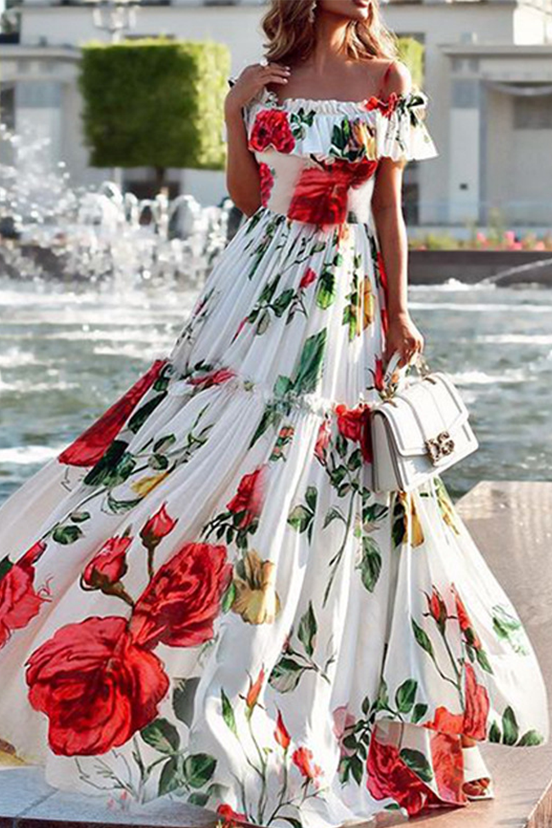 Print Flounce Off the Shoulder Cake Skirt Dresses
