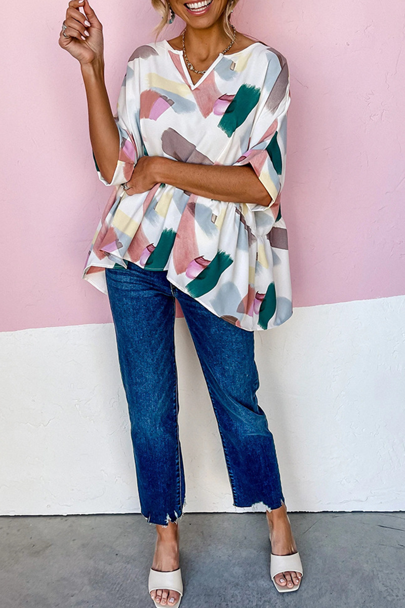 Print Flounce V Neck T-shirts