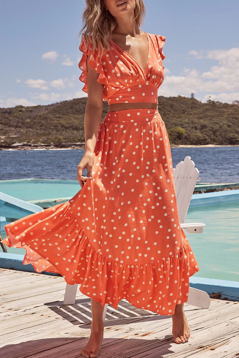 Dot Flounce V Neck Cake Skirt Dresses
