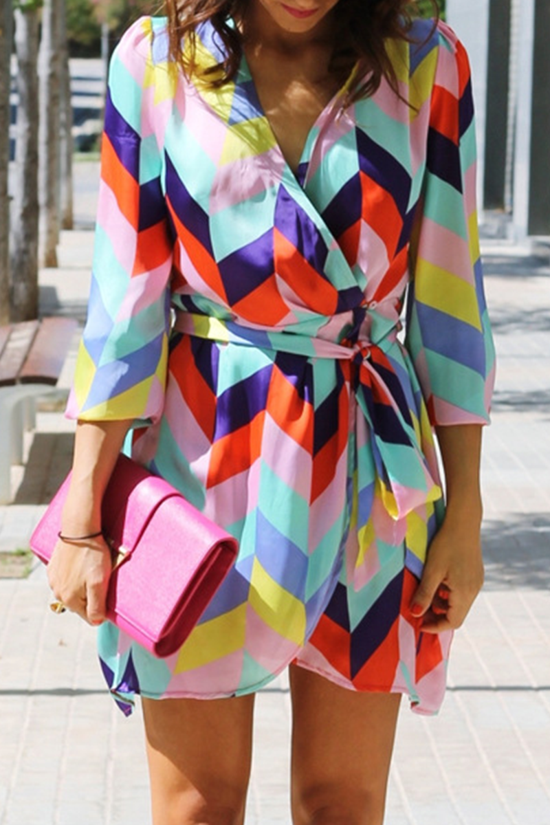 Print Patchwork V Neck Waist Skirt Dresses