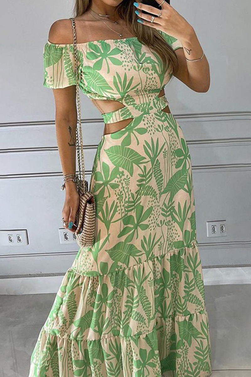 Print Split Joint Off the Shoulder Cake Skirt Dresses(4 Colors)