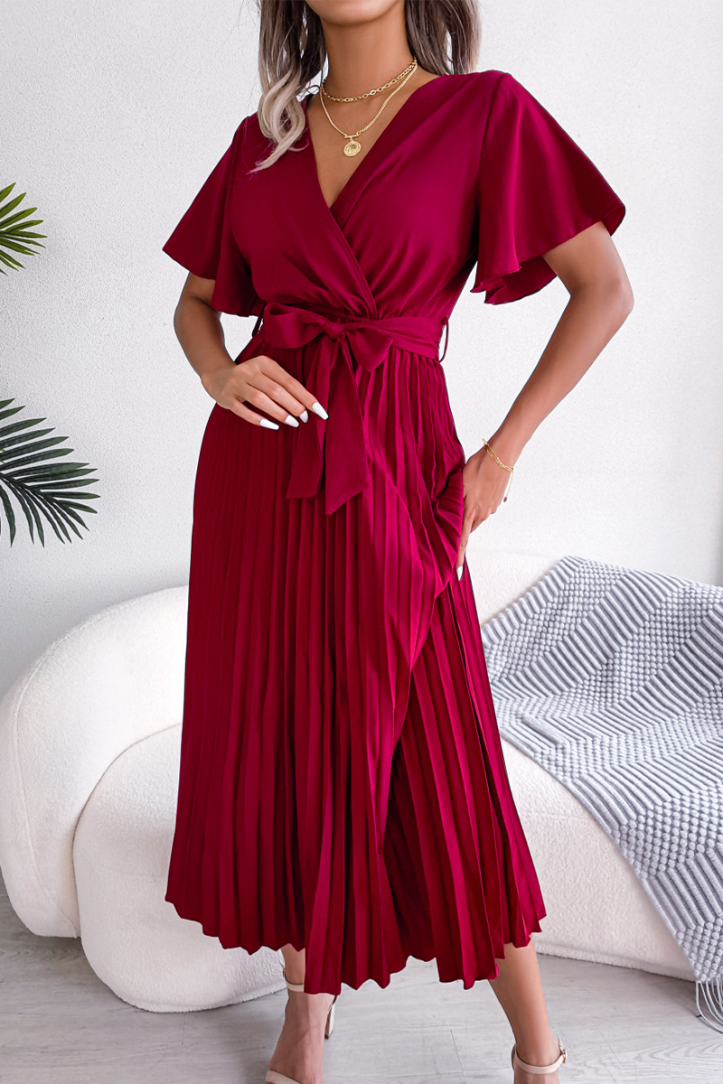 Fold V Neck Waist Skirt Dresses(3 Colors)