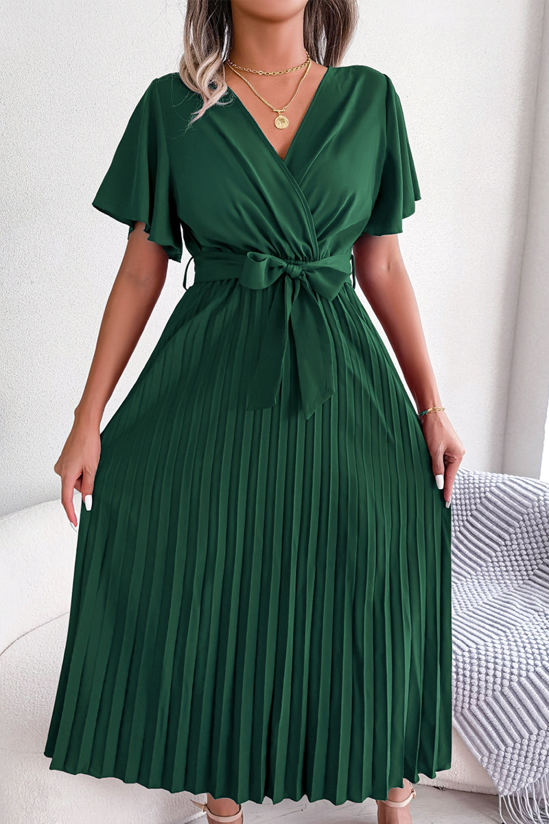 Fold V Neck Waist Skirt Dresses(3 Colors)