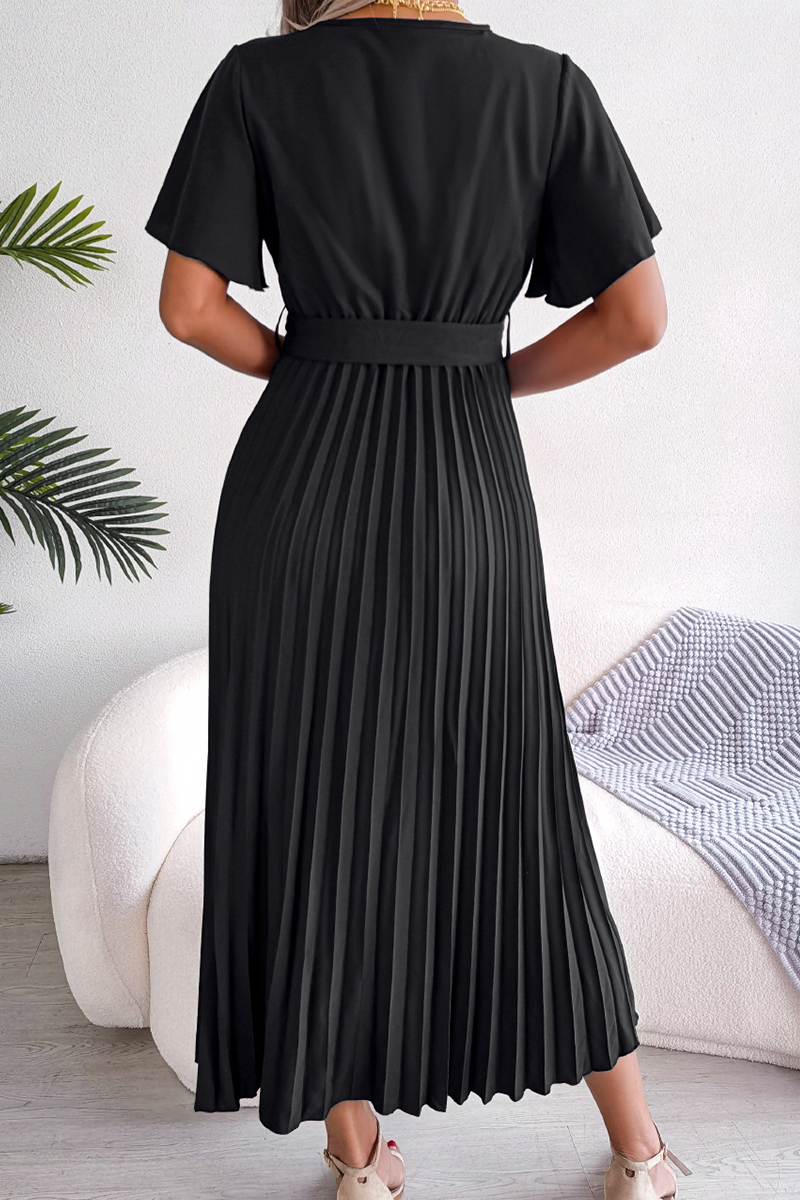 Fold V Neck Waist Skirt Dresses(3 Colors)