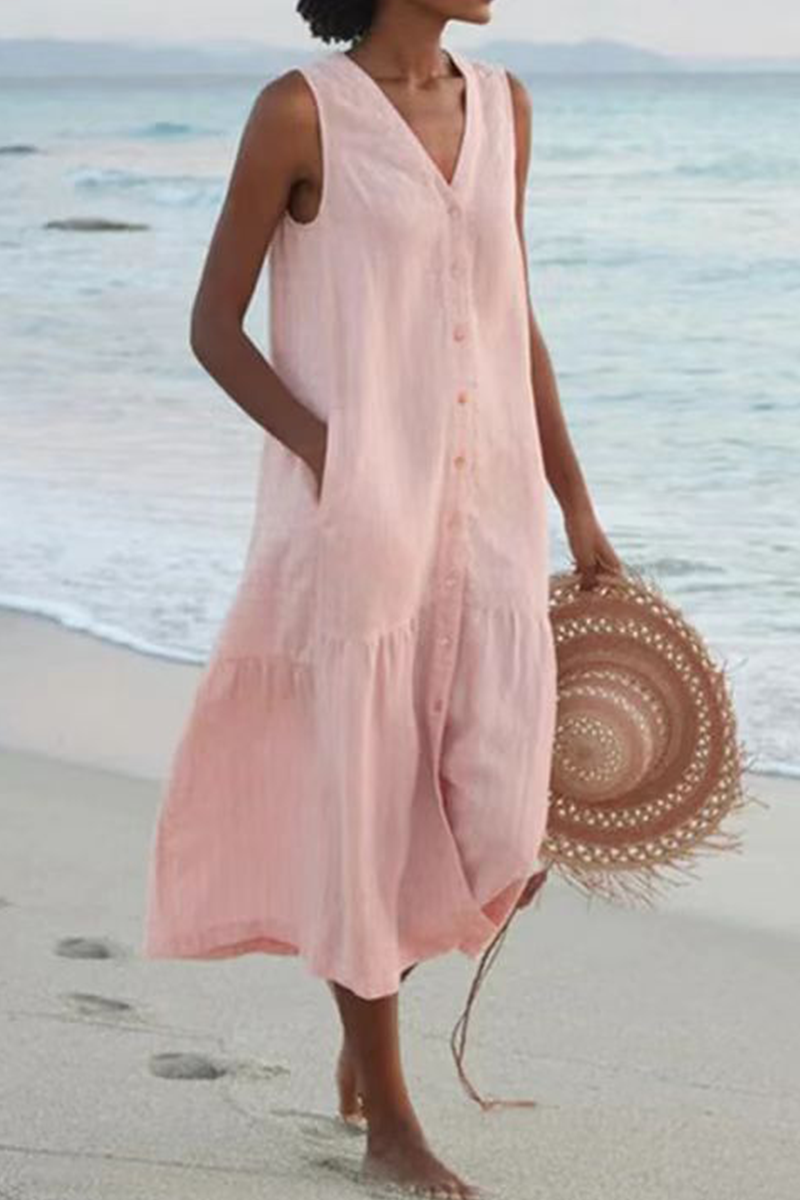 Buckle V Neck Cake Skirt Dresses(7 Colors)
