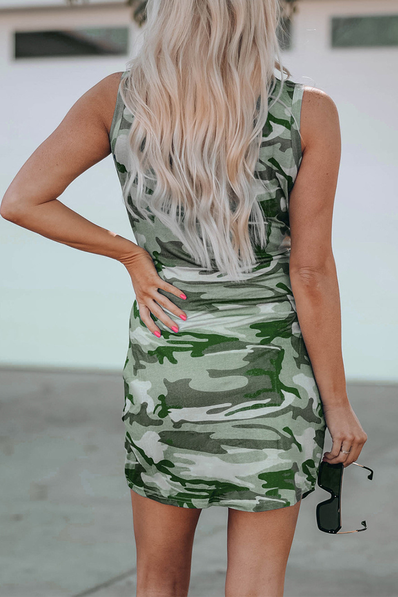 Camouflage Print O Neck Pencil Skirt Dresses