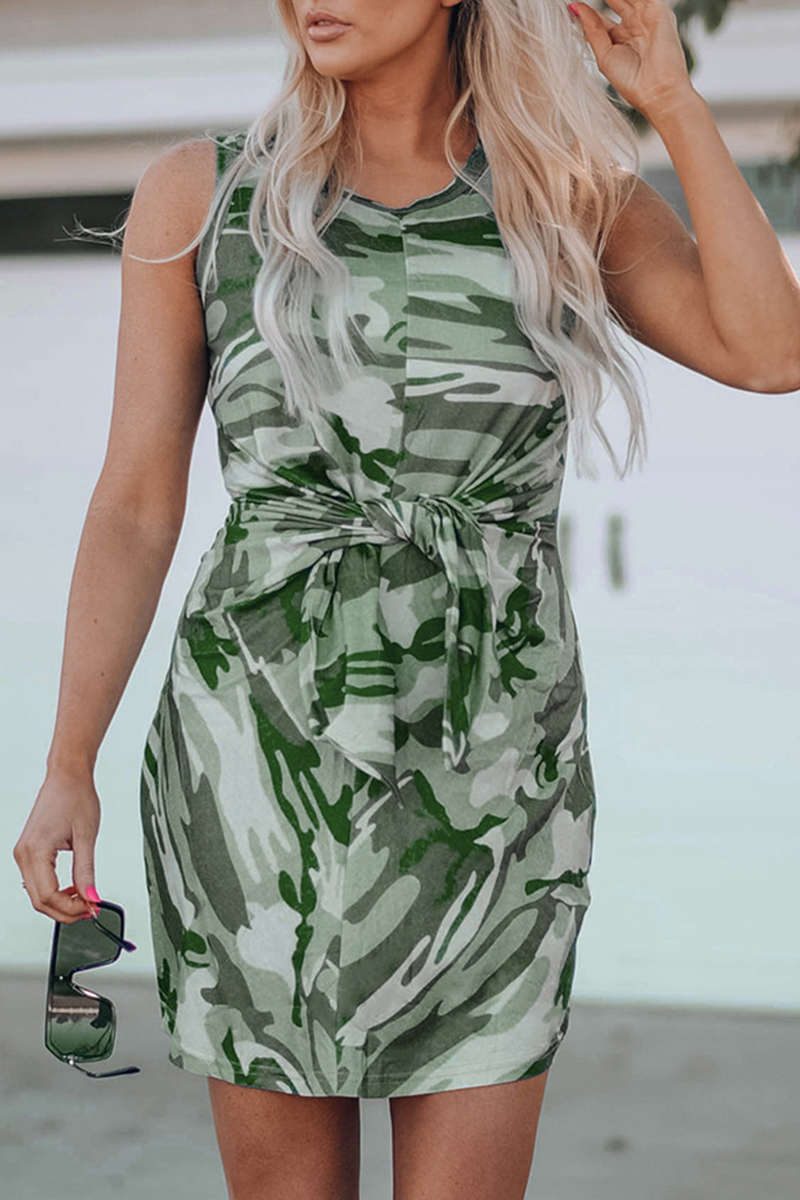 Camouflage Print O Neck Pencil Skirt Dresses