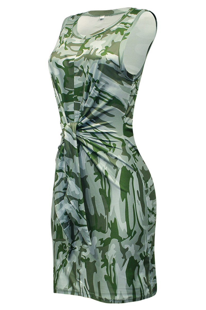 Camouflage Print O Neck Pencil Skirt Dresses