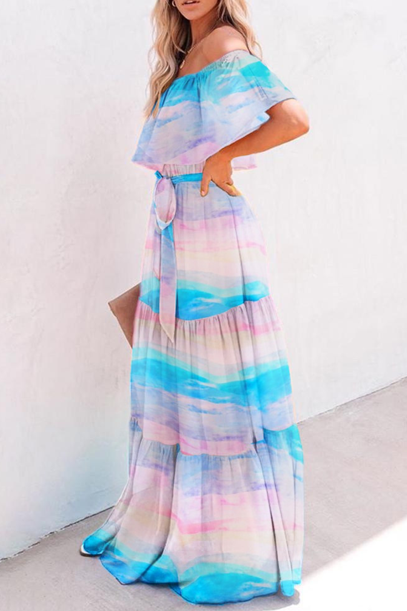 Gradual Change Flounce Off the Shoulder Cake Skirt Dresses