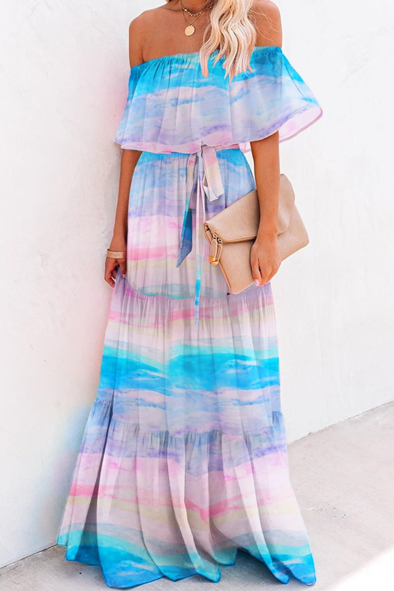 Gradual Change Flounce Off the Shoulder Cake Skirt Dresses
