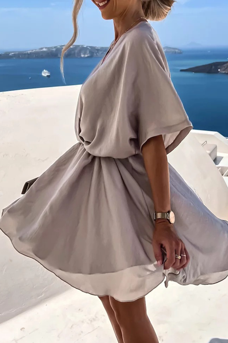 Patchwork V Neck Cake Skirt Dresses(5 Colors)
