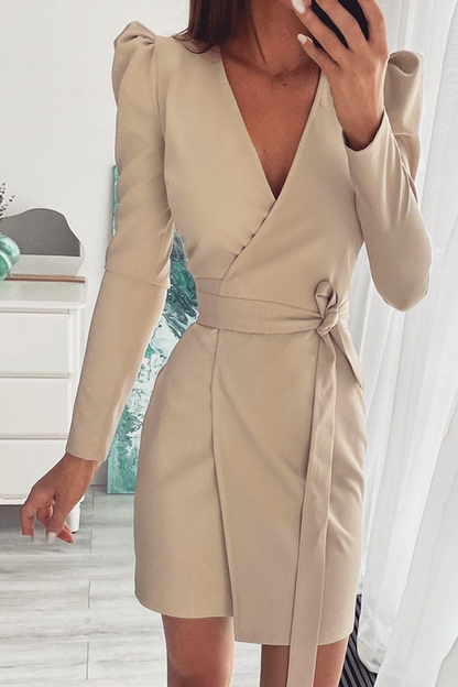 Split Joint V Neck Waist Skirt Dresses(4 Colors)