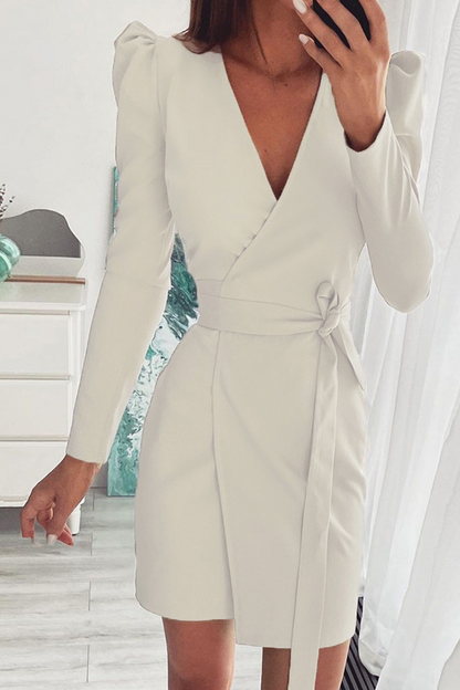 Split Joint V Neck Waist Skirt Dresses(4 Colors)