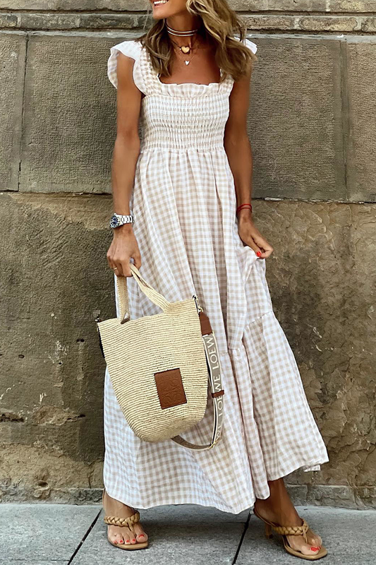 Plaid Patchwork Square Collar Cake Skirt Dresses