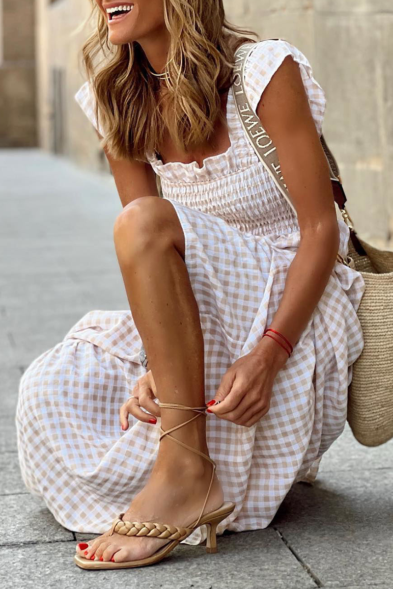 Plaid Patchwork Square Collar Cake Skirt Dresses(4 Colors)