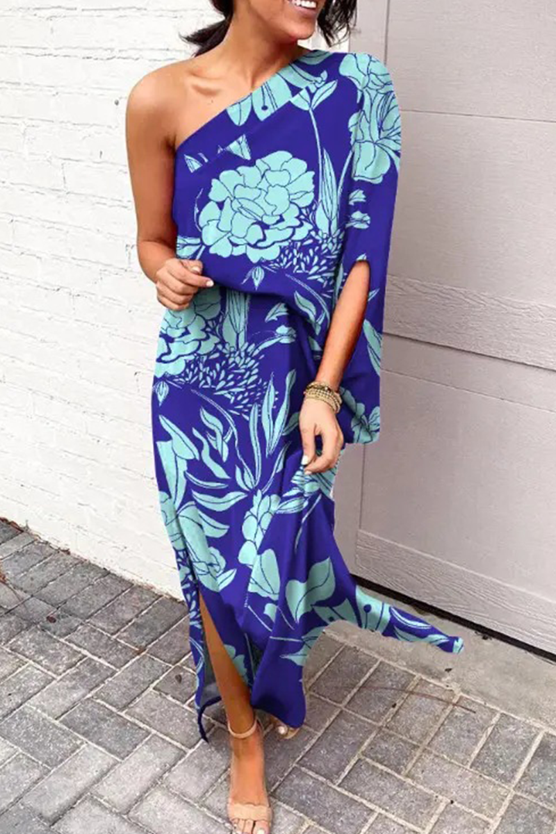 Print One Shoulder Waist Skirt Dresses(5 Colors)