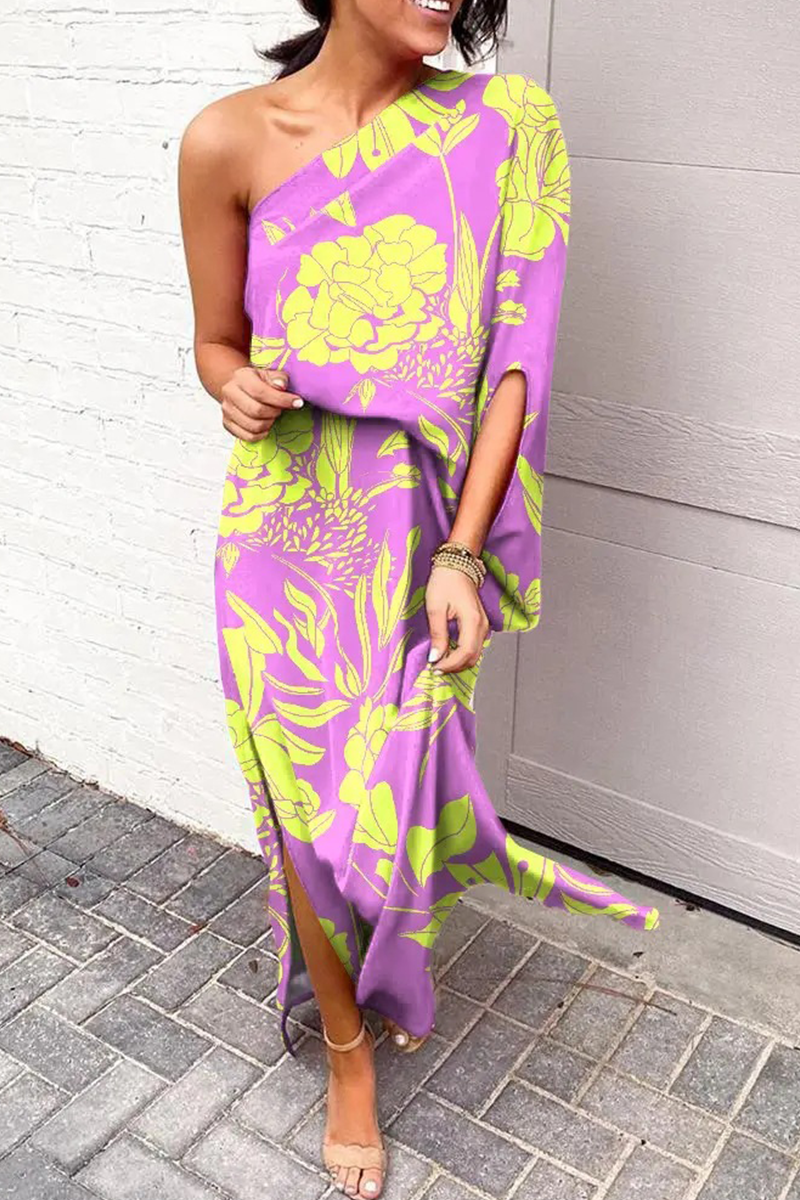 Print One Shoulder Waist Skirt Dresses(5 Colors)