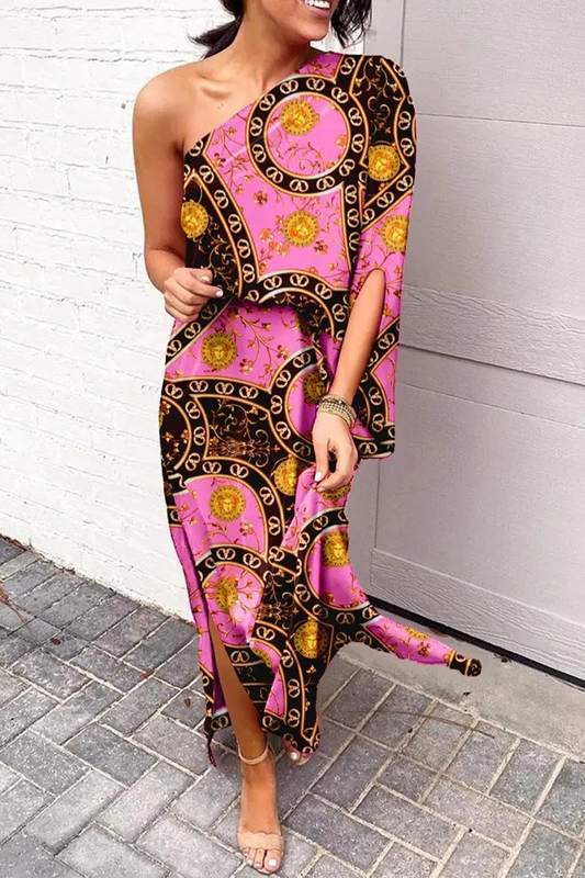 Print One Shoulder Waist Skirt Dresses(5 Colors)