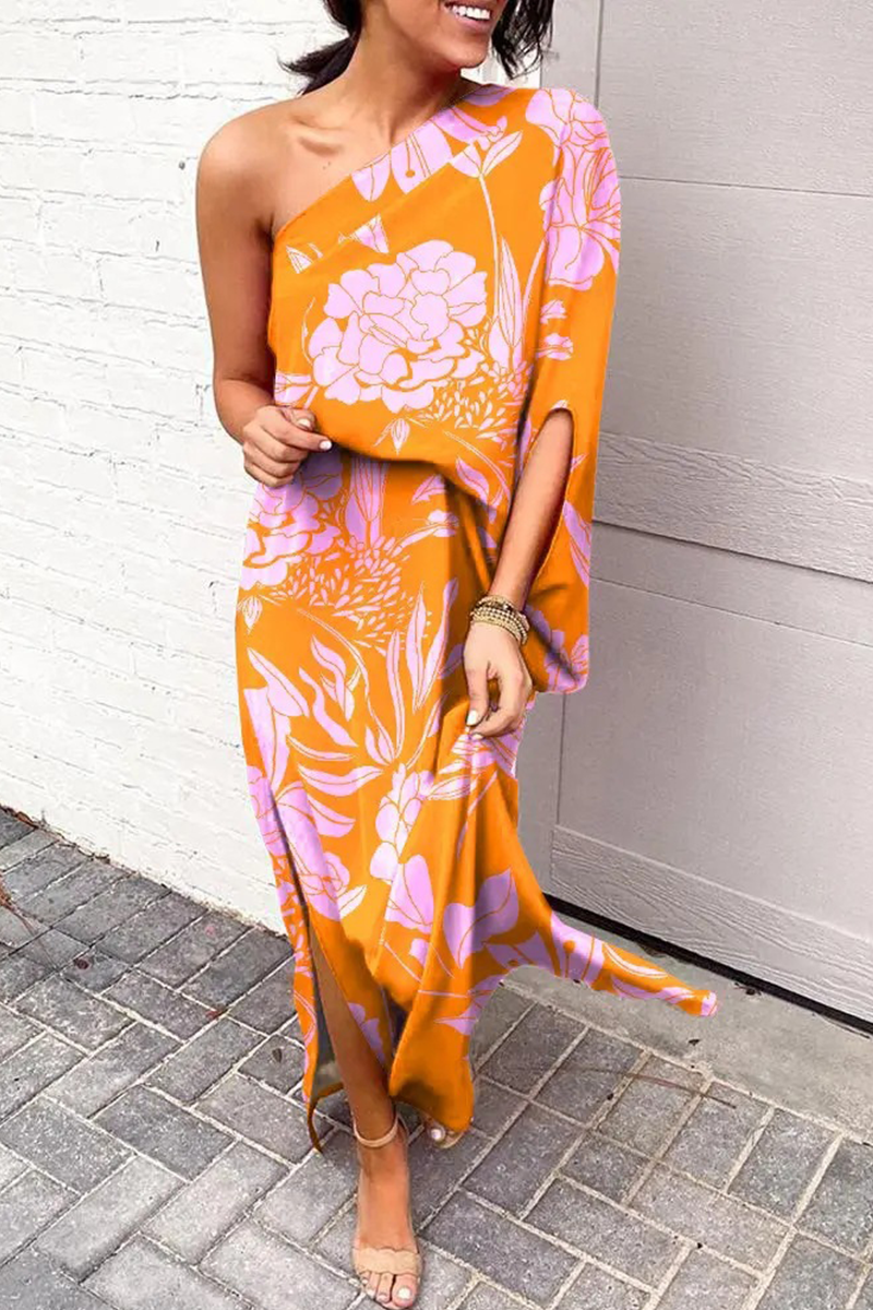 Print One Shoulder Waist Skirt Dresses(5 Colors)