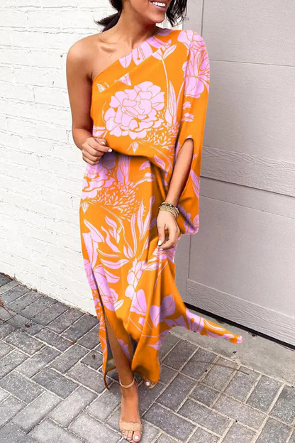 Print One Shoulder Waist Skirt Dresses(5 Colors)