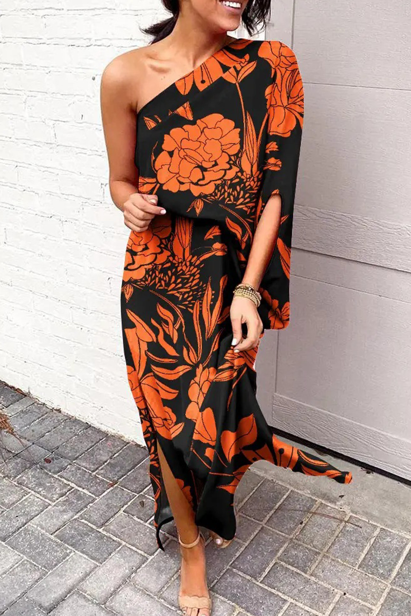 Print Patchwork One Shoulder Waist Skirt Dresses(5 Colors)