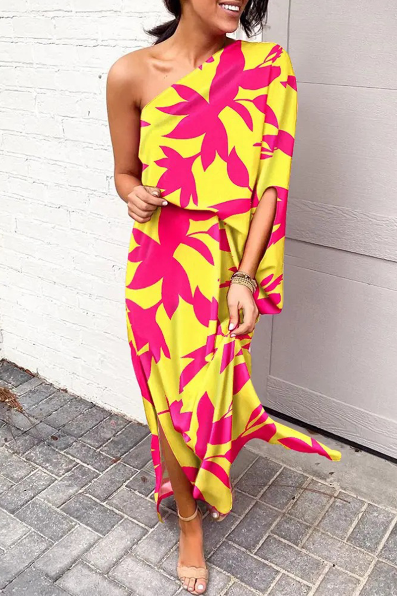 Print Patchwork One Shoulder Waist Skirt Dresses(5 Colors)