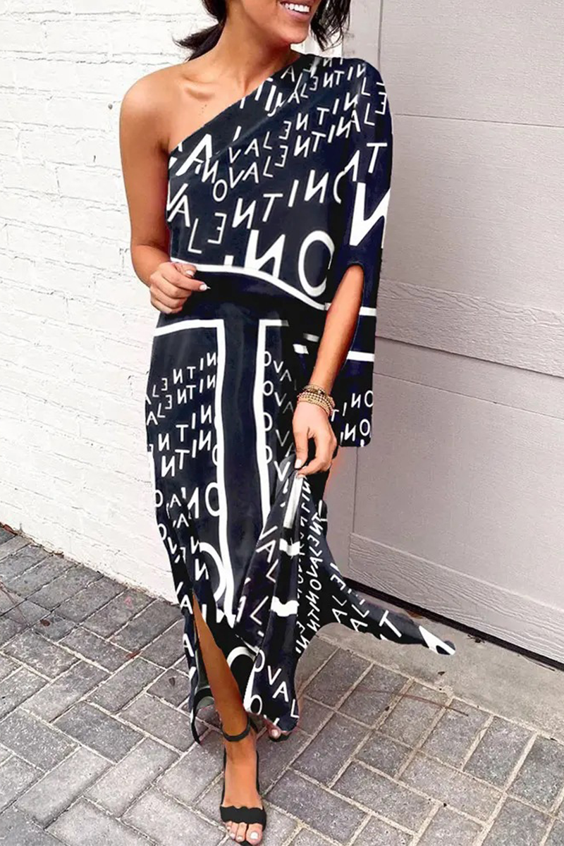 Print Patchwork One Shoulder Waist Skirt Dresses(5 Colors)