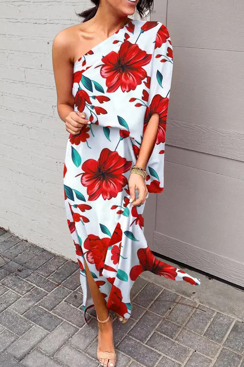 Print One Shoulder Waist Skirt Dresses(5 Colors)