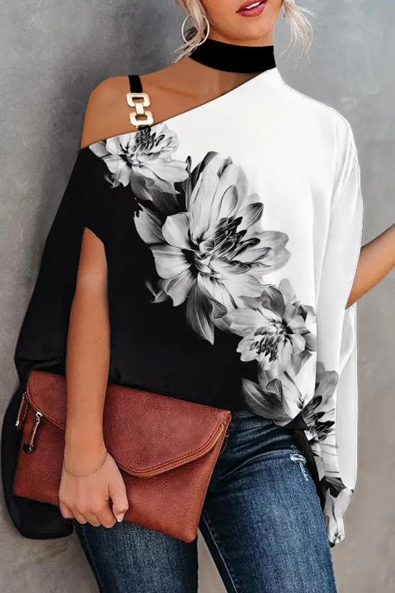 Print Patchwork One Shoulder Blouses(5 Colors)