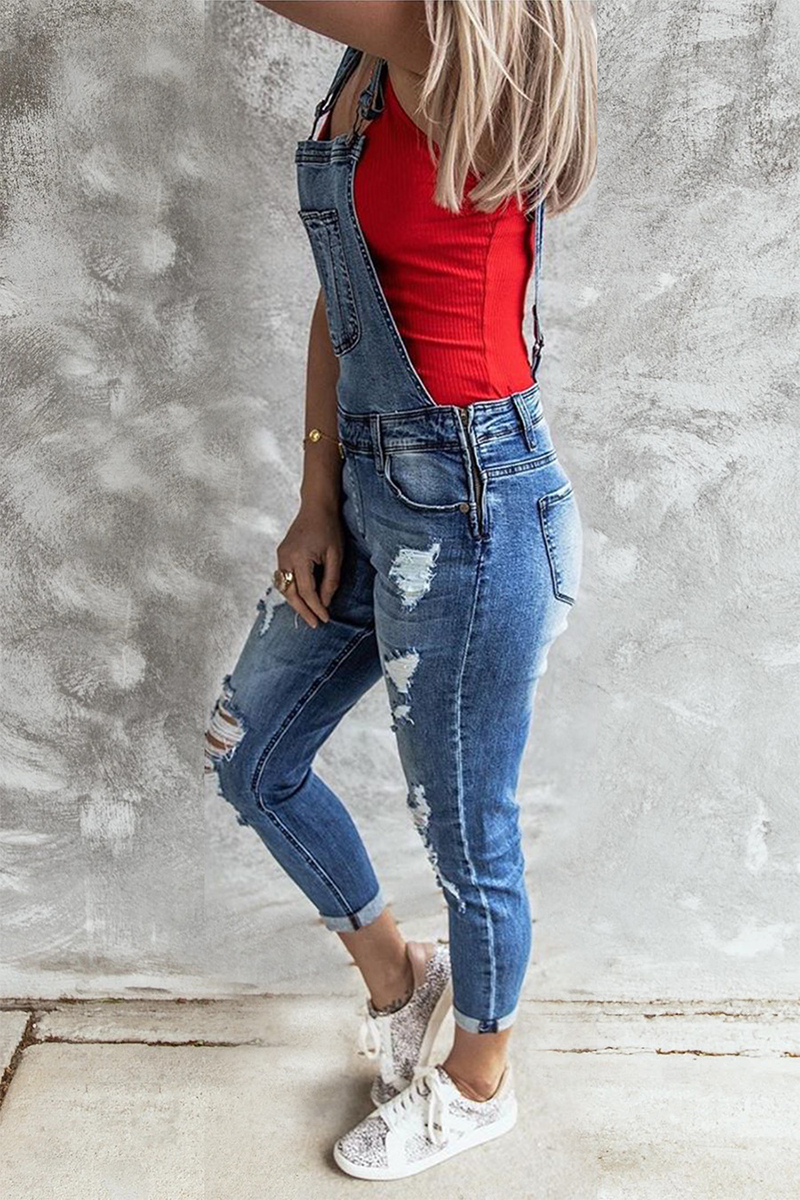 Ripped Square Collar Sleeveless Harlan Denim Jumpsuits