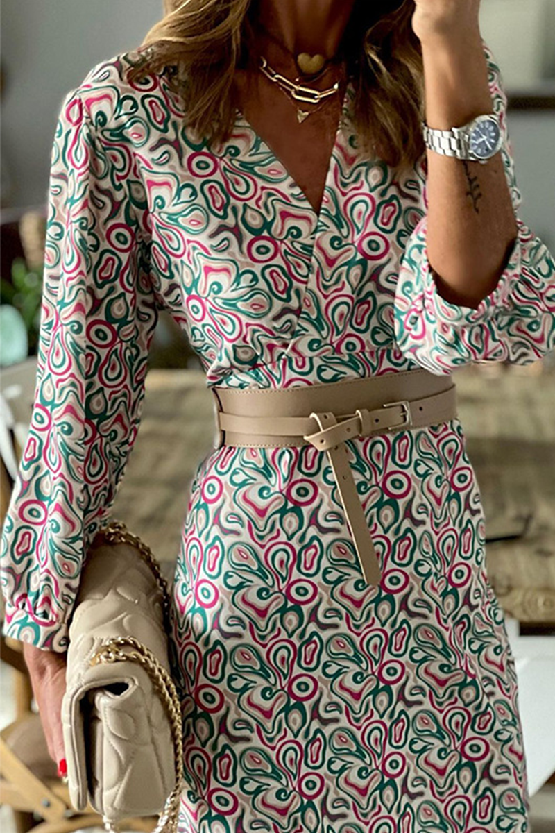 Print Patchwork V Neck Waist Skirt Dresses